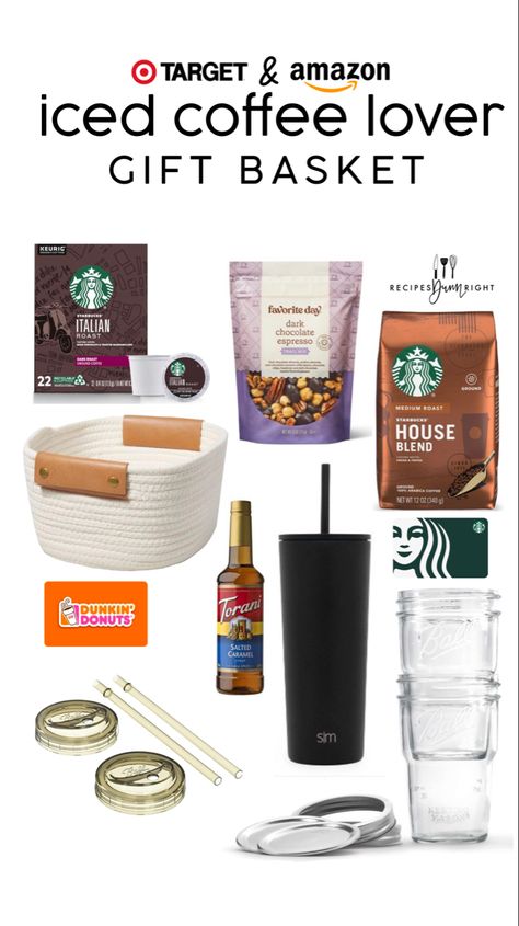 Iced coffee gift guide Coffee Lovers Basket, Teacher Gift Basket, Iced Coffee Gifts, Teacher Coffee Gifts, Teacher Gift Guide, Coffee Lover Gifts Basket, Gift Ideas For Teachers, Coffee Basket, Creative Gift Baskets