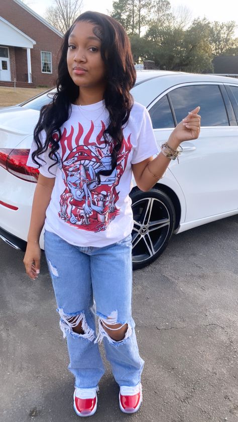 Cherry Red 11s Outfit Ideas, Id Picture Outfit, High School Outfits Black Women, Red Birthday Outfit Ideas, Cute Simple Outfits Black Women, Fly Outfit, Fasion Outfits, Cute Lazy Day Outfits, Outfit Inspo Casual