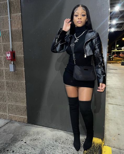 Black Outfits With Jewelry, Outfit Ideas For Women Going Out Club Style All Black, Modest Club Outfits For Women, Booties Outfit Black Women, Black Leather Thigh High Boots Outfit, Dress With Boots Black Women, Baddie New York Outfits, All Black Club Outfit Baddie, Simple Clubbing Outfits