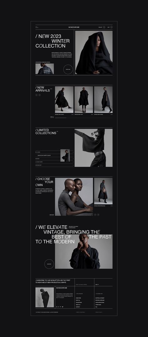 MONOCHROME on Behance Fashion Designer Website Design, Dark Website Design Layout, Black On Black Graphic Design, Black And White Website Design Layout, Streetwear Website Design Inspiration, Fashion Site Design, Clothing Websites Design, Cloth Website Design, Dark Mode Website Design