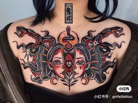 Female Chest Tattoo Traditional, American Traditional Tattoos Chest Women, Traditional Style Woman Tattoo, Women’s Traditional Chest Tattoo, Stomach American Traditional Tattoos, Neck Tattoos Women Traditional, Women Chest Tattoo Traditional, Traditional Tattoo Chest Piece Women, Chest Tattoo Female American Traditional