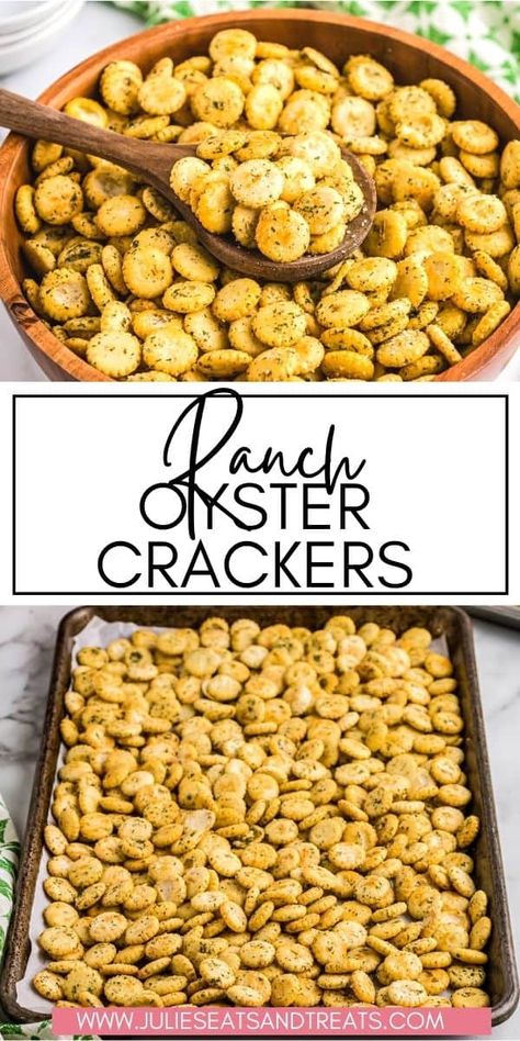 Quick and easy snack that's totally addictive! These Ranch Oyster crackers are so easy to make with only a few ingredients. Toss the crackers in a butter, herbs and spices to make a mouthwatering treat that will disappear in minutes. Homemade Seasoned Crackers, Oyster Cracker Snack, Oyster Crackers Recipe, Seasoned Oyster Crackers, Ranch Oyster Crackers, Ranch Crackers, Seasoned Crackers, Puppy Chow Recipes, Oyster Crackers