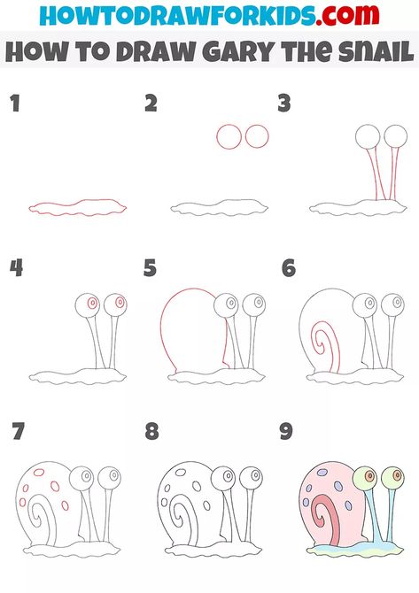 How To Draw Gary The Snail Step By Step, Snail Doodle Easy, Step By Step Drawing Characters, Learn How To Draw Step By Step, How To Draw Spongebob Characters, Easy Snail Drawings, Step By Step Cartoon Characters, How To Draw Characters Step By Step, How To Draw Cartoon Characters