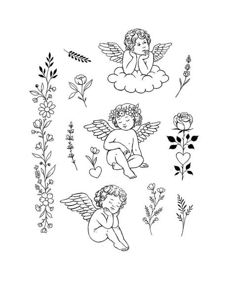 blue-ish deep tonal tri-stripe / border ; maybe a heart shape if figure fits well?? Cherub With Flowers Tattoo, Angel Flower Tattoo, Cherub Angel Tattoo Simple, Simple Cherub Tattoo, Angel Line Art Tattoo, Cherub Tattoo Designs, Small Angel Tattoo, Cupid Tattoo, Tattoo Placements