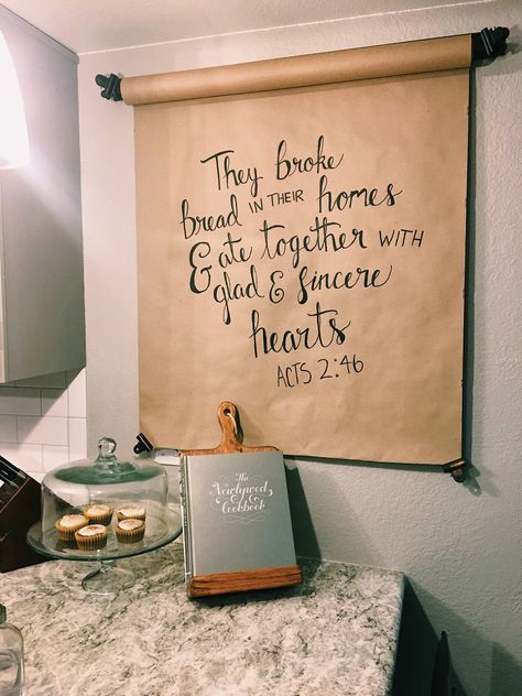 Brown Paper Wall Decor, Christmas Butcher Paper Signs, Church Kitchen Ideas, Scripture For Kitchen, Butcher Paper Roll On Wall, Bible Verse Kitchen, Kitchen Bible Verses, Brown Paper Roll On Wall, Butcher Paper Sign