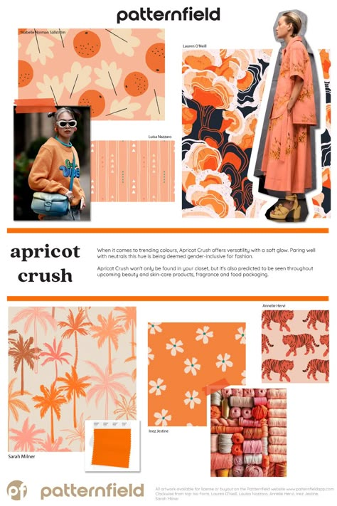 Designs and Art sourcing made easy Spring Summer 2024 Color Trends Wgsn, Apricot Crush Fashion, Bag Design Portfolio, Apricot Crush Pantone, Apricot Crush Color, Textile Design Portfolio, Swim Clothes, Mood Board Fashion Inspiration, Swimming Clothes