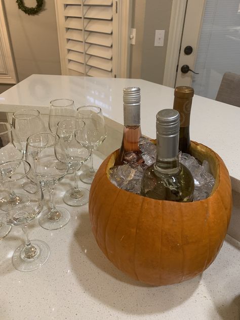 Halloween Wine And Cheese Party, Pumpkin Bachelorette Party, Pumpkin Ice Bucket, Halloween Wine Night Ideas, Fall Pumpkin Carving Party, Halloween Drink Display, Wine In Pumpkin, Pumpkins And Prosecco Party, Pumpkin Decorating Party For Adults