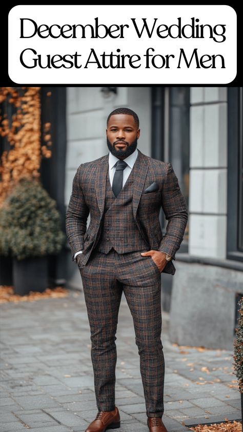 A stylish man in December wedding guest attire, wearing a tailored suit ideal for a winter celebration. Chocolate Mens Suit, Winter Wedding Suits For Men, Outfit For Wedding Guest Men, Winter Wedding Mens Attire, Winter Wedding Guest Outfit Men, Male Cocktail Attire, Mens Wedding Guest Outfit Fall, Formal Wedding Guest Men, Wedding Guest Attire For Men