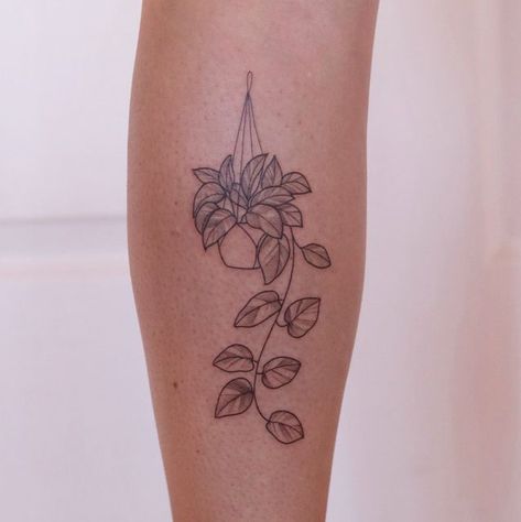 Floral Plant Tattoo, Camping Trailer Tattoo, Long Plant Tattoo, Plant Mom Tattoo Ideas, Patchwork Tattoo Plants, Linework Plant Tattoo, Line Art Plant Tattoo, Hanging Plant Tattoo Simple, Plant Related Tattoos