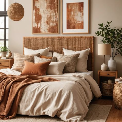 Terracotta Neutral Bedroom, Boho Neutral Bed, Cozy Terracotta Bedroom, Taupe And Terracotta Bedroom, Terracotta And Wood Bedroom, Terracotta Cream Bedroom, Terracota Bedding Room, Cream And Rust Bedroom, Terracotta And Cream Bedroom