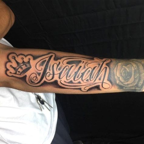 Different Neck Tattoos, Isaiah Name Tattoo Ideas, Tattoo Ideas For Men For Mother, Isaiah Tattoo, Forearm Name Tattoos, Names Tattoos For Men, Tattoo Lettering Design, Forarm Tattoos, Forearm Sleeve Tattoos