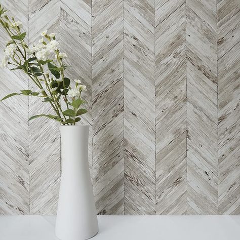 Herringbone Stick On Tile, Wood Tiles Kitchen, Sticky Tile Backsplash, Camper Fireplace, Sticky Tile, Distressed Fireplace, Wall Tiles Living Room, Plastic Tiles, Tiles Kitchen Backsplash