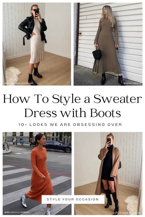 Wondering how to style sweater dress with boots? See these sweater dress outfit ideas for fall and winter with different dress and boot styles. Wear this look for Thanksgiving or Christmas, or for a casual day of the week. Knitted Dress And Boots, Oatmeal Sweater Dress Outfit, Sweater Dress With Scarf, Winter Boots With Dress, Winter Dress And Boots, Long Sweater Dress Outfit Winter, Casual Sweater Dress Outfit, Long Knit Dress Outfit Winter, Dress And Boots Outfit Winter