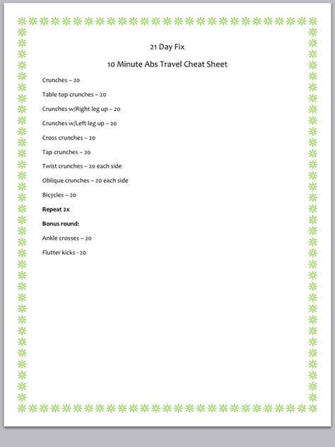 21 day fix travel cheat sheet for 10 min abs! Pilates Exercises For Beginners, 21 Day Workout, 21 Day Fix Challenge, 21 Day Fix Workouts, 10 Min Abs, Beachbody 21 Day Fix, 21 Day Diet, Beachbody Programs, Exercises For Beginners