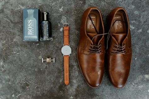 wedding-day-detail-shots-getting-ready-flat-lay-inspiration-invitations-shoes-watch-rings-dress-hanging-from-tree Groom Detail Shots, Watch Rings, Wedding Flat Lay, Wedding Detail Shots, Flat Lay Inspiration, Temecula Wedding, Mens Wedding Attire, Formal Men, Formal Men Outfit