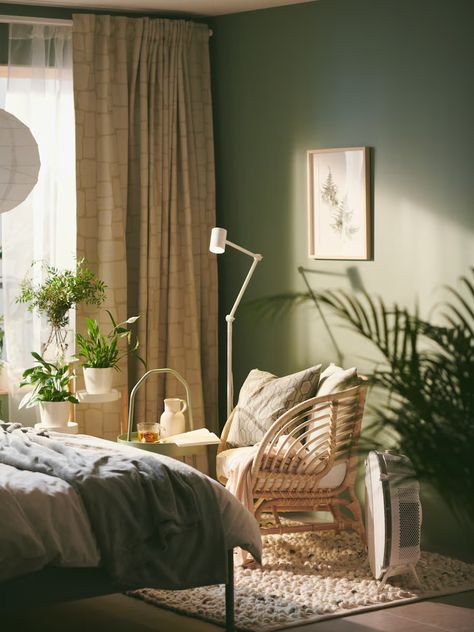 Ideas for creating a calm, green sanctuary bedroom - IKEA CA Calm Green Bedroom, Green Upholstered Bed, Bedroom Sage Green, Calm Green, Bedroom Nook, Peaceful Bedroom, Warm Bedroom, Airbnb Design, Ikea Bedroom