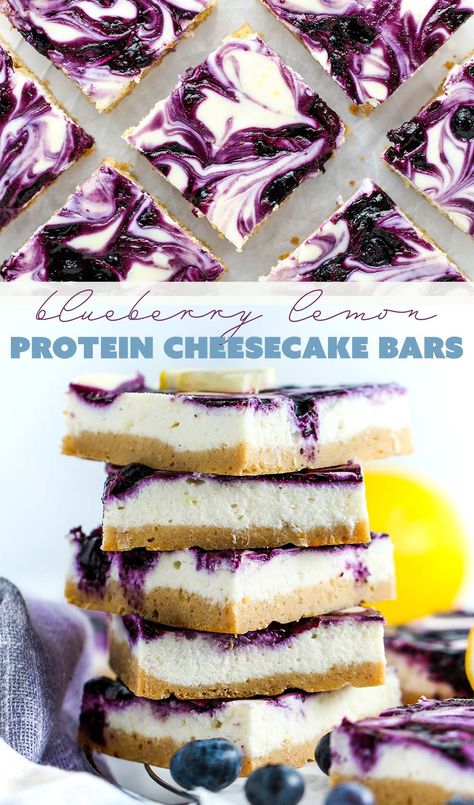 Blueberry Protein Bar, Healthy Protein Cheesecake Recipes, Lemon Protein Recipes, High Protein Blueberry Cheesecake, Protein Cheesecake Bars, Protein Lemon Bars, Bariatric Treats, Protein Cheesecake Healthy, Blueberry Protein Bars