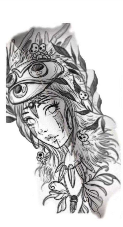 Anime Pinup Tattoo, Waifu Tattoo, Princess Mononoke Art, Fandom Tattoos, Ink Tattoo Design, Underarm Tattoo, Red Tattoo Ideas, Red Ink Tattoo, Cool Half Sleeve Tattoos