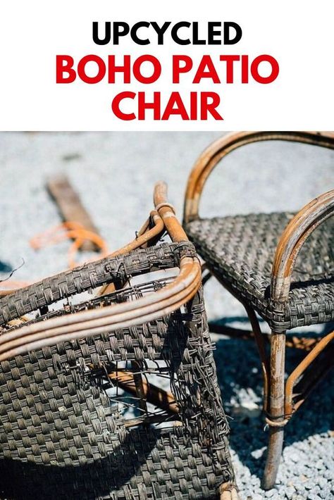 Check out this patio chair upcycle before and after idea for a way to give old furniture a second life. Boho inspired patio chair upcycle DIY. Upcycle Outdoor Chairs, Diy Patio Chairs Makeover, Wicker Patio Furniture Makeover, Upcycled Outdoor Furniture, Wicker Chair Makeover, Old Wicker Chairs, Patio Chairs Makeover, Chair Upcycle, Upcycle Frames