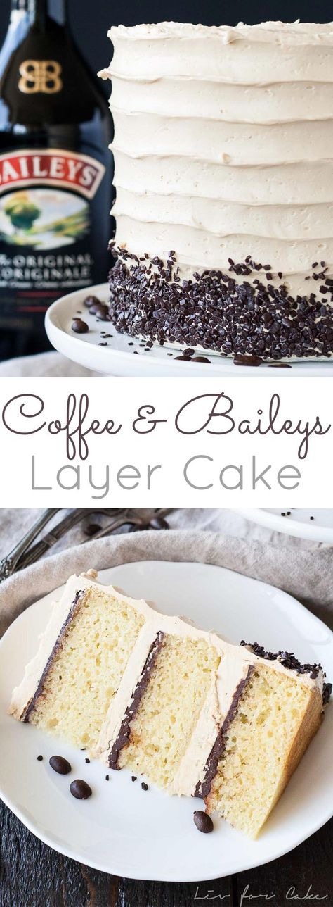 The perfect pairing of coffee and Baileys in this delicious layer cake. A vanilla buttermilk cake layered with chocolate ganache and a coffee Baileys swiss meringue buttercream. | livforcake.com Baileys Cake Filling, Baileys Cake Birthday, Baileys Birthday Cake Ideas, Baileys Espresso Cream Cake, Baileys Chocolate Coffee Cake, Bailey Cake Recipe, Baileys Cake Recipe Irish Cream, Baileys Coffee Cake, Baileys Cake Recipes