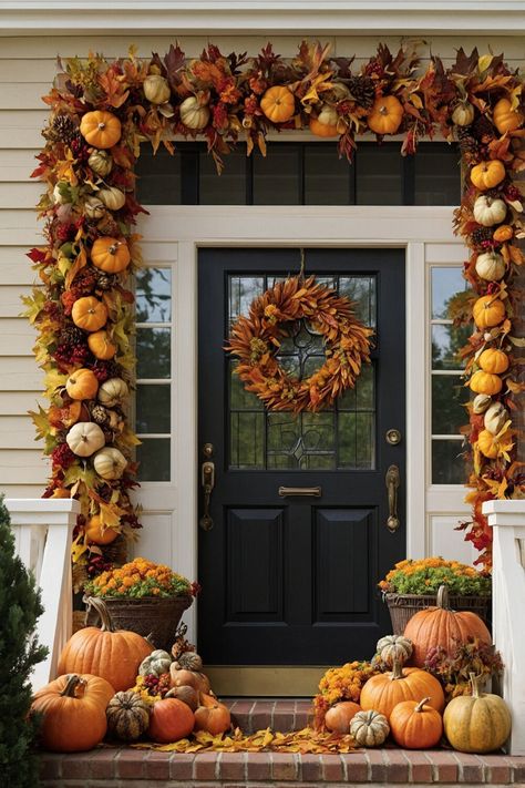 Be inspired by 20 Thanksgiving decoration ideas that will make your outdoor space warm and welcoming. Choose from rustic themes, glowing candles, and creative pumpkin arrangements to set the holiday tone. #OutdoorThanksgiving #WarmWelcome Colonial Fall Decor, Thanksgiving Decoration Ideas, Thanksgiving Decorations Outdoor, Outdoor Thanksgiving, Pumpkin Arrangements, Creative Wreaths, Rustic Pumpkin, Material Wreaths, Rustic Lanterns