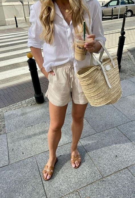 *this is a commissionable link  lightweight white button down button up beige linen shorts tan brown slides straw handbag elevated comfy casual spring summer outfit New England Grandma Aesthetic, Mum Uniform, Beige Shorts Outfit, Western Blouses, Linen Shorts Outfit, Blue Linen Shorts, Classic Summer Outfits, Blouses Designs, Summer Beach Shorts