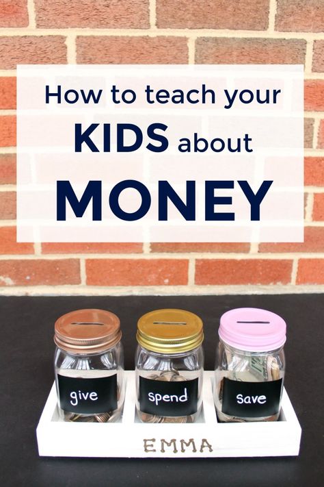 How to teach kids about money — The Organized Mom Life Save Spend Tithe Jars, Teaching Kids Finances, Spend Save Give Jars Diy, Teaching Kids About Money, Diy Money Jar, Allowance System For Kids, Kawaii Money, Bank System, Kids Allowance