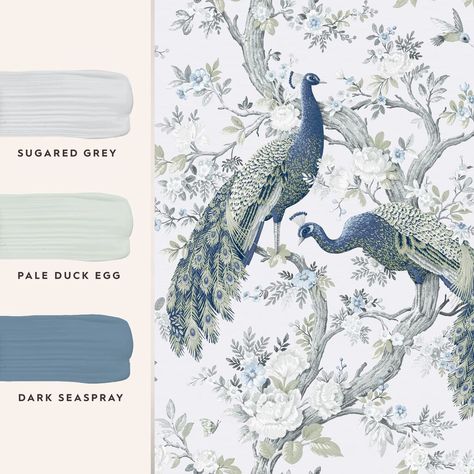 Magnolia Grove Natural Wallpaper| Laura Ashley | Wallpaper It Laura Ashley Belvedere, Peacock Wallpaper, Birds And Butterflies, Peacock Bird, Graham & Brown, Botanical Wallpaper, Peacock Design, Wallpaper Bedroom, Duck Egg