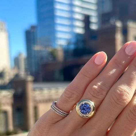 Dazzling Blue Oval Diamond Ring, Formal Blue Diamond Ring With Bezel Setting, Luxury Blue Diamond Ring With Bezel Setting, Luxury Blue Ring With Bezel Setting, Blue Diamond Cabochon Ring, Stephanie Gottlieb Jewelry, Stephanie Gottlieb, Candy Buttons, Winter Blues