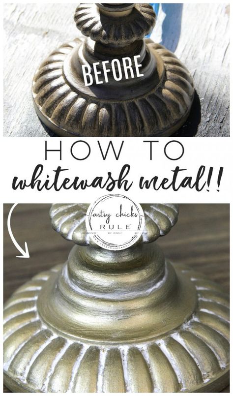 How To Whitewash Metal (simple!!!) artsychicksrule.com #whitewash #whitewashmetal #goldlamps #goldpaint #howtowhitewash #paintfinishes Painting Metal Lamps Diy, Lamp Redo, Painting Light Fixtures, Diy Lamp Makeover, How To Whitewash, Painting Tricks, Metal Lamps, Metal Lamp Base, Paint Decor