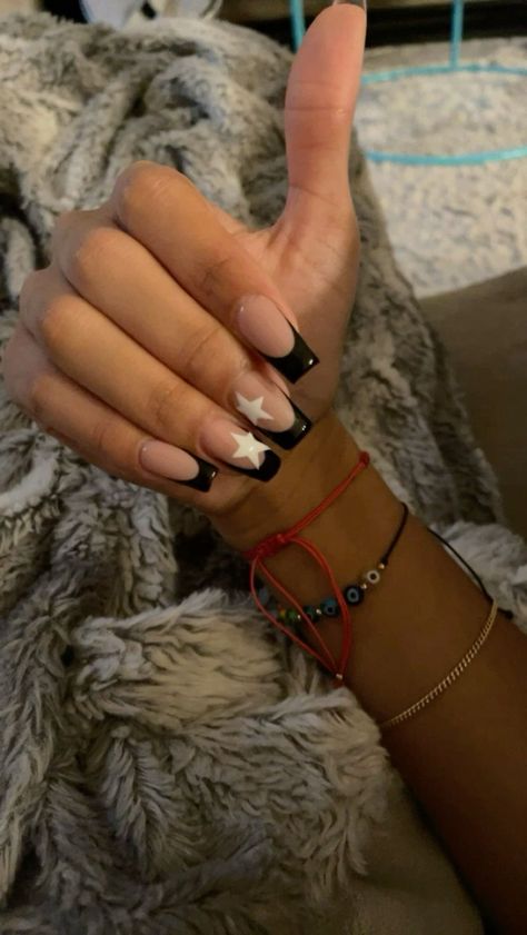 Star Nails Acrylic French Tip, White And Black Nails French Tip, Square Dark Blue Acrylic Nails, Moon And Star Nails Acrylic Short, Square Nail Designs Stars, Black Acrylic Nails With Stars, Black French Star Nails, Star Nail Designs Coffin, White With Black Stars Nails