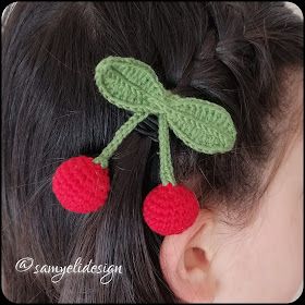 Samyelinin Örgüleri: How to make cherry hairpin? (Free English Pattern) Crochet Cherry, Crochet Headband Tutorial, Crochet Hairband, Crochet Hair Clips, Cherry Hair, Headband Tutorial, Crochet Hair Accessories, Hair Accessories Collection, Handmade Hair Accessories