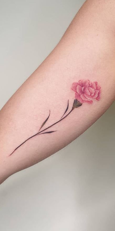 Pink Carnation Flower Tattoo, Carnation Flower Tattoo With Name, White Carnation Tattoo, Flower Tattoos Carnation, Small Tattoos Carnation, Small Carnation Tattoo, Tattoos Carnation Flower, Pink Carnation Tattoo, Fine Line Carnation Tattoo