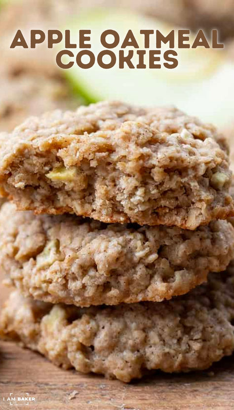 Apple Oatmeal Cookies are soft cinnamon-spiced oatmeal cookies with bits of Granny Smith apples in every bite. They taste just like a warm bowl of Apple Pie Oatmeal! It’s a delicious combination of classic oatmeal cookie goodness with a twist of fresh, tart apple flavor! Apple Filled Oatmeal Cookies, Apple Sauce Oatmeal Cookies, Apple Cookies Healthy, Apple Oat Cookies, Oatmeal Apple Cookies, Healthy Oat Cookies, Oatmeal Applesauce Cookies, Spiced Oatmeal, Cinnamon Oatmeal Cookies