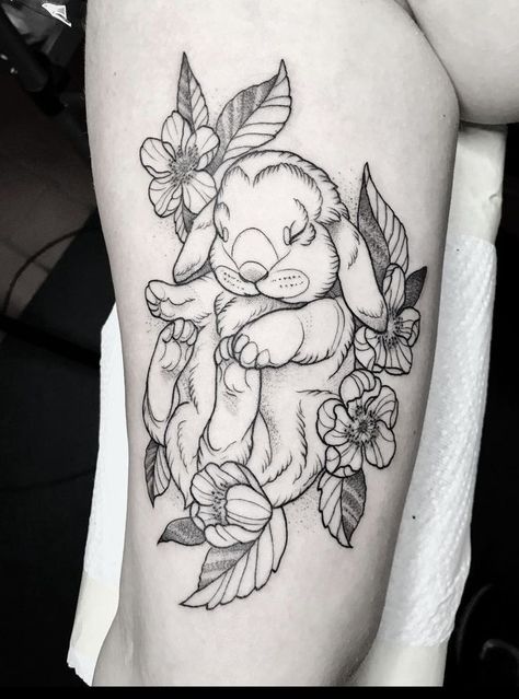 Bunny And Flower Tattoo, Bunny With Flowers Tattoo, Forest Creature Tattoo, Forest Animal Tattoo, Cute Bunny Tattoo, Hase Tattoos, Forest Tattoo, Bunny Tattoo, Tier Tattoo