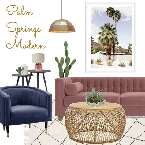 Palm Springs Modern Living Interior Design Mood Board by Olive et Oriel - Style Sourcebook Palm Springs Lounge Room, Palm Springs Decor Mid Century, Palm Springs Decor Interiors, Palm Springs Living Room, Palm Springs Bedroom, Palm Springs Backyard, Palm Springs Landscaping, Palm Springs Interior Design, Airbnb Bedroom