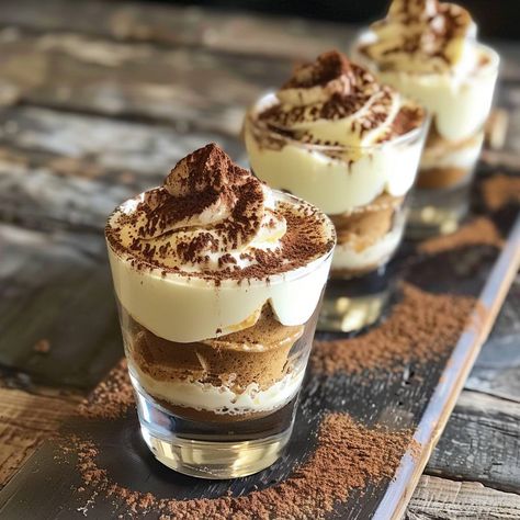 🍰 Mini Tiramisu Shots: Luxurious layers of creamy mascarpone and espresso-soaked ladyfingers! #DessertHeaven 🍽️ Tiramisu Shots 🛒 Ingredients: 250g mascarpone cheese 100ml heavy cream 2 tbsp sugar 200ml espresso, cooled 12 ladyfingers Cocoa powder for dusting 👩‍🍳 Instructions: Mix: Whip mascarpone, cream, and sugar until smooth. Layer: Dip ladyfingers in espresso, layer with cream in shot glasses. Chill: Refrigerate for 2 hours. Serve: Dust with cocoa before serving. ✨ Treat yourself to th... Tiramisu Shots, Mini Tiramisu, Shot Glass Desserts, Instagram Recipes, Mascarpone Cream, Layer Dip, Twisted Recipes, Mascarpone Cheese, Trending Recipes