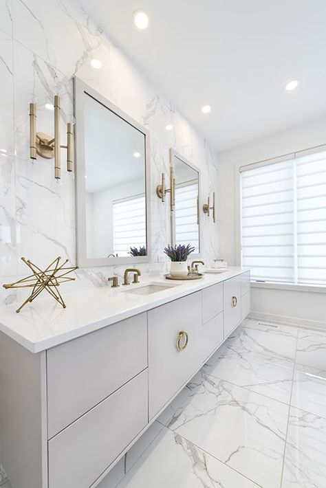 Bathroom Gallery: CHEO Dream Home White Bathroom Marble-Effect Tile Marble Walls, White Marble Bathrooms, Modern White Bathroom, Bilik Air, White Bathroom Designs, Bathroom Gallery, Washroom Design, Bathroom Redesign, Bathroom Design Decor