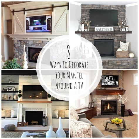 Decorating Around A TV Over A Mantel Decorate Mantle, Decorating Around A Tv, Tv Ideas, Lake House Interior, Wood Ladder, Mantle Decor, Room Ideas Bedroom, A Tv, Barn Door