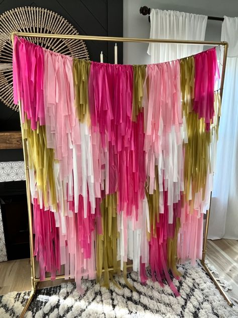 #fringebackdrop Diy Plastic Fringe Backdrop, Pink Streamer Backdrop, Pink String Backdrop, Pink And Orange Fringe Backdrop, Pink And Gold Streamer Backdrop, Pink And Purple Streamer Backdrop, Streamer Wall, Streamer Decorations, Sleepover Tents