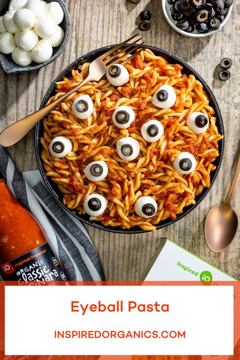 Eyeball Pasta, Ghosts And Goblins, Organic Pasta, Olive Relish, Halloween Eyeballs, Whole Wheat Pasta, Trick Or Treating, Pasta Sauce, One Pot Meals