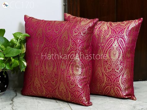 Magenta Brocade Silk Pillow Cover Handmade Lumbar Pillowcases Sham Decorative Cushion Home Decor House Warming Bridal Shower Wedding Gift Handmade Wedding Gifts, Silk Pillow Cover, Silk Cushions Covers, Color Magenta, Silk Cushions, Euro Pillow Shams, Embroidered Cushions, Silk Pillow, Cushion Inserts