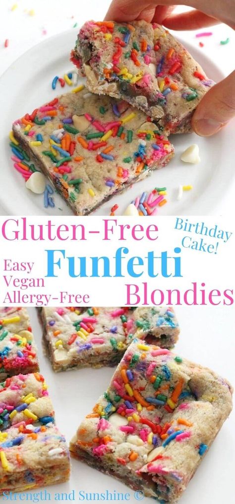 Gluten-Free Funfetti Blondies (Vegan, Allergy-Free) | Strength and Sunshine | Soft and chewy, these Gluten-Free Funfetti Blondies are a super easy homemade treat for any celebration! Just 8 ingredients, these vegan birthday cake blondies are allergy-free and taste just like sweet vanilla cake batter with rainbow sprinkles and dairy-free white chocolate chips! Kid-friendly, made in one bowl, and ready in 30 minutes! Alternative Desserts For Birthday, Vegan Gluten Free Birthday Dessert, Gluten Free Birthday Treats, Birthday Cake Blondies, Funfetti Blondies, Gluten Free Dessert Bars, Gluten Free Blondies, Celiac Diet, Allergy Friendly Desserts