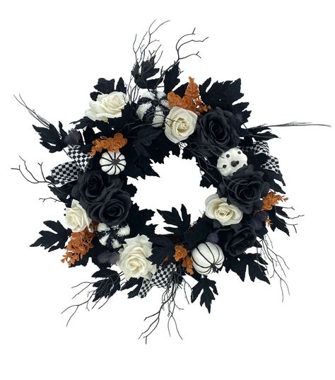 Spooky and Chic: 24" Halloween Black Rose & White Pumpkins Wreath by Bloom RoomGet into the Halloween spirit with this stunning wreath from Bloom Room The wreath features a combination of black roses and white pumpkins, creating a spooky yet chic design that will complement any Halloween decor Measuring at 24 inches, this wreath is the perfect size to hang on your front door or use as a centerpiece for your Halloween party Product DetailsMaterial: Polyester, PE, Styrofoam, TwigDimensions: 24 inchesColor: Black and White Diy Halloween Wreath Ideas, Halloween Wreaths Diy, Black And White Halloween Wreath, Halloween Backyard, Halloween Wreaths For Front Door, Halloween Wreath Ideas, Party Ideas Halloween, Halloween Outdoor Decoration, Halloween Front Door Decorations