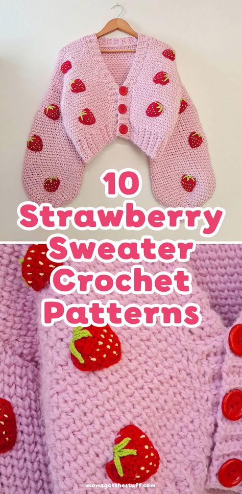 Get ready to create something incredibly cute with these sweet strawberry crochet sweater patterns. Whether you are looking to make something special for yourself or a loved one, this quick and easy crochet pattern is just perfect. Crochet Sweater Strawberry, Kawaii Crochet Clothes Pattern Free, Easy Crochet Strawberry, Strawberry Sweater Crochet Pattern, Strawberry Sweater Pattern, Strawberry Crochet Cardigan Pattern, Free Crochet Pattern Strawberry, Kawaii Crochet Sweater, Strawberry Crochet Top Pattern