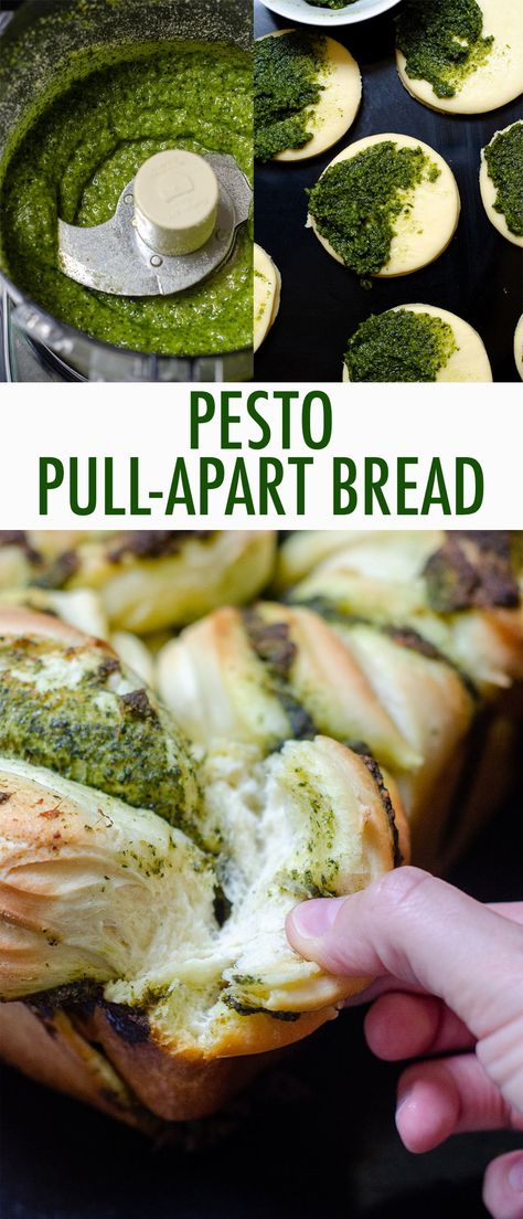 Soft and fluffy pull-apart bread filled with zesty, herbed pesto. #freshaprilflours #bread #pesto #pullapartbread Canape Bread Recipes, Savoury Pull Apart Bread, Pesto Pull Apart Bread, Pesto Bread Recipe, Pull Apart Bread Recipes, Veggie Bread, Tear And Share Bread, Pizza Monkey Bread, Christmas Canapes