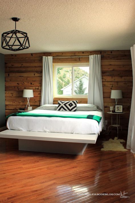 Cedar-Planked-Wall-to-Left Cedar Accent Wall Master Bedrooms, Wood Plank Wall Bedroom, Plank Wall Bedroom, Cook Shack, Cottage Flooring, Cedar Room, Purple Bathroom, Pine Bedroom, Cedar Walls