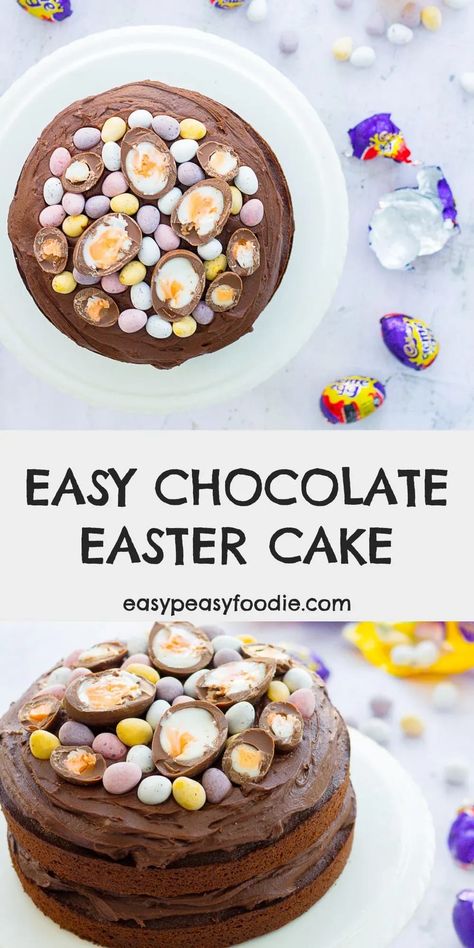 A delicious chocolate sponge cake, decorated with chocolate buttercream, Cadbury’s Creme Eggs and Mini Eggs! This Chocolate Easter Cake is quick and simple to make, and requires no special equipment. An ideal cake to make with kids! #easterchocolatecake #eastercake #easyeastercake #cremeeggcake #minieggcake #cremeeggs #minieggs #cadburyscremeeggs #cadburysminieggs #cadburys #easterfood #easterdessert #easyeasterdessert #eastertreats #easterrecipe #easterbaking #bakingwithkids #easypeasyfoodie Easter Bake, Mini Eggs Cake, Cake Cravings, Easter Cake Easy, Chocolate Easter Cake, Creme Eggs, Easy Easter Desserts, Kids Baking, Uk Food