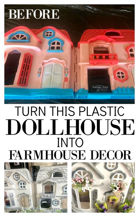 Repurposed Dollhouse Upcycling, Plastic Dollhouse Makeover Diy, How To Paint Plastic Toys, Painting A Dollhouse, Fisher Price Dollhouse Makeover, Upcycle Dollhouse, Plastic Dollhouse Makeover, Christmas Dollhouse Diy, Dollar Tree Dollhouse Makeover