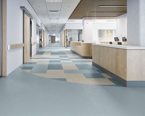 Tarkett’s 61-by-61-centimetre rubber flooring tiles boast excellent slip resistance and acoustic dampening, making them a great choice for high-traffic areas. #interiordesign #design #productdesign #flooring #rubber #colorsplash #tarkett #azuremagazine Rubber Tile Flooring, Rubber Floor Tiles, Case Study Design, Floor Pattern, Hospital Architecture, Rubber Tiles, Hospital Interior, Room Visualizer, Flooring Tiles